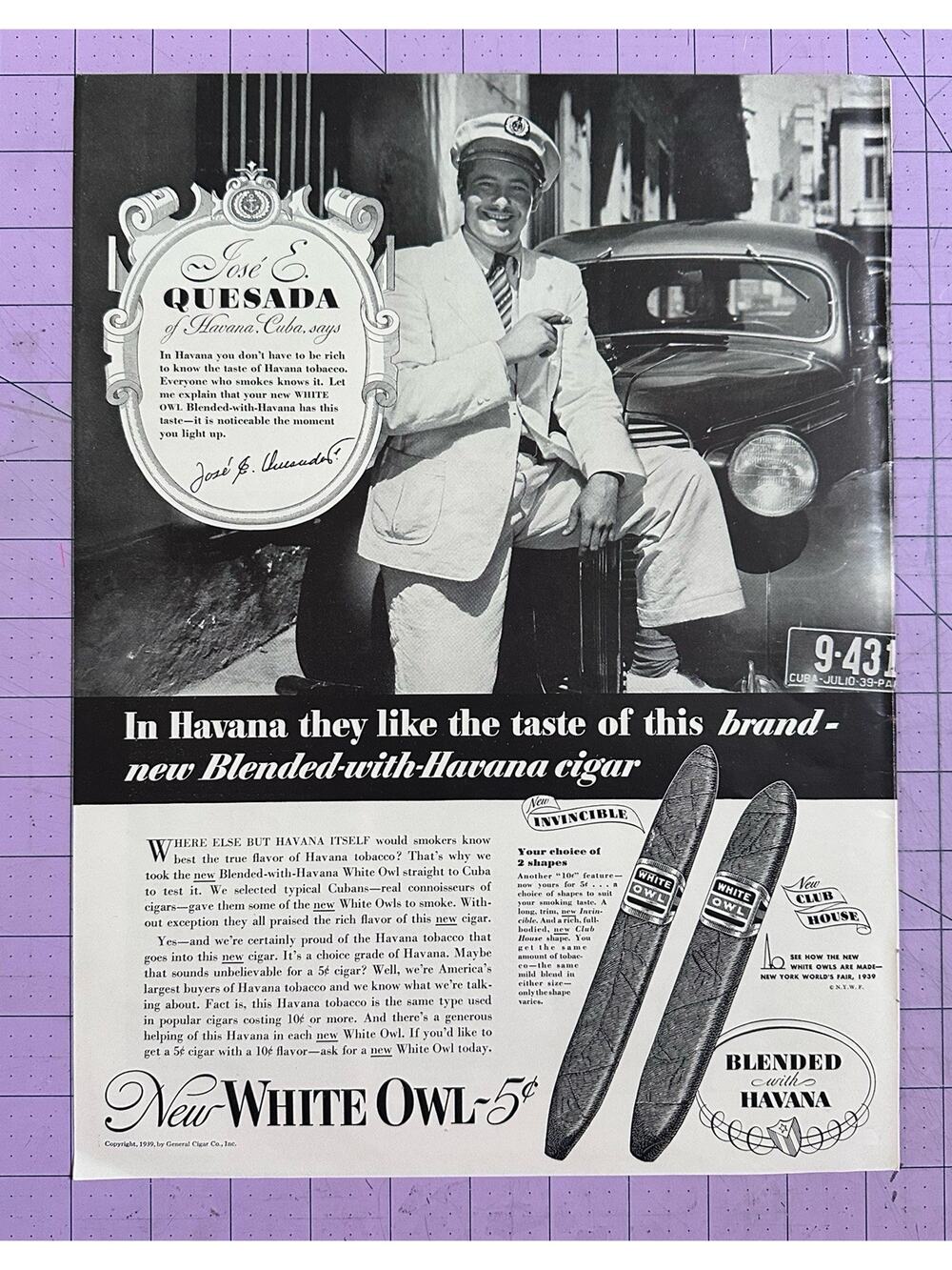 1957 Vintage Ad New White Owl Havana Man Suit Vintage Quesada